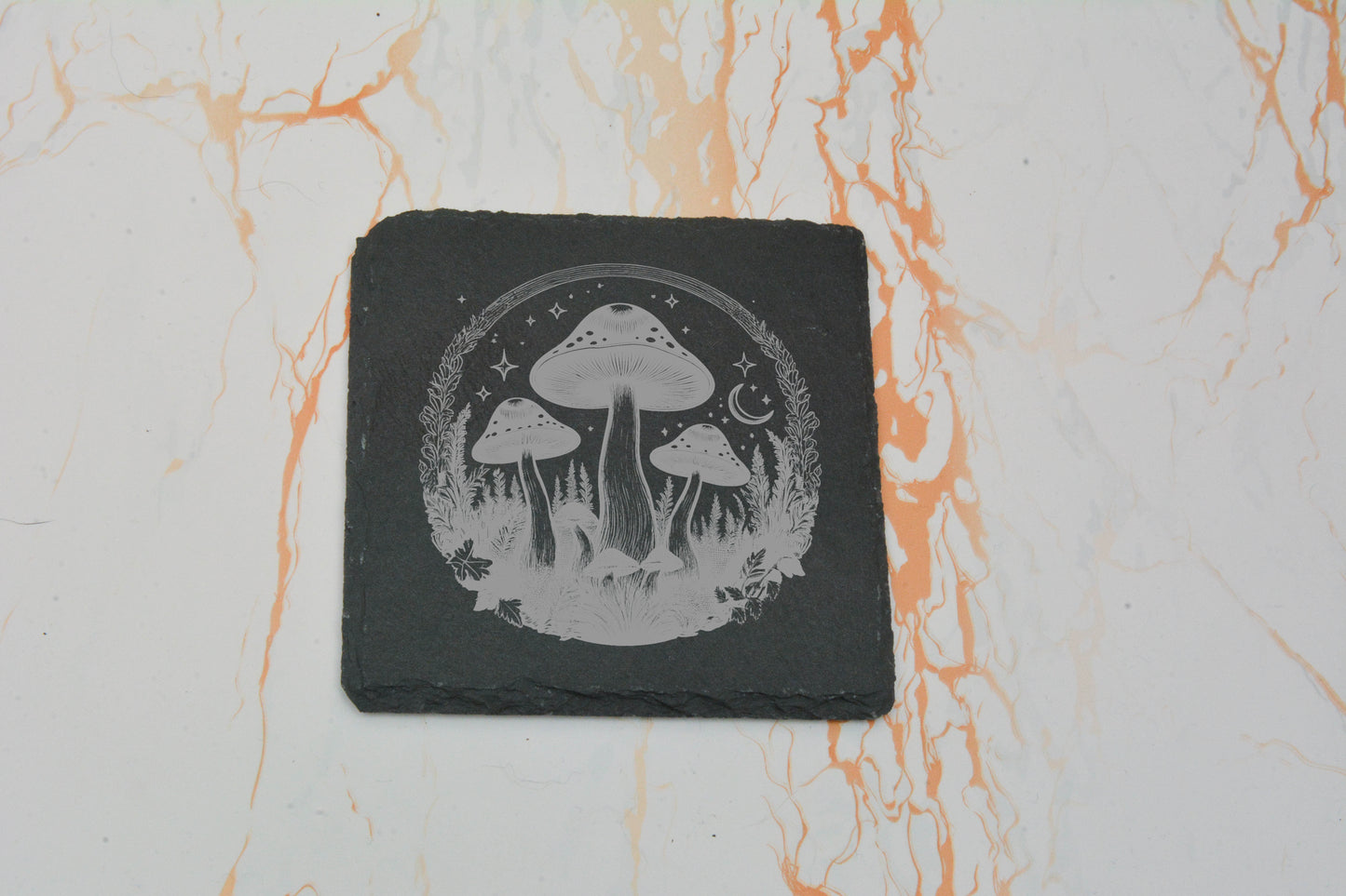 Whimsical Mushroom Slate Coaster – Engraved Natural Stone Drink Mat