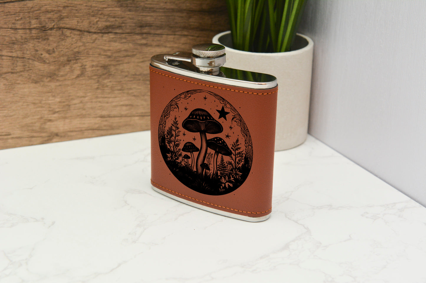 Whimsical Mushroom Hip Flask – 6oz Leatherette Wrapped Gift Set with Engraved Forest Designs