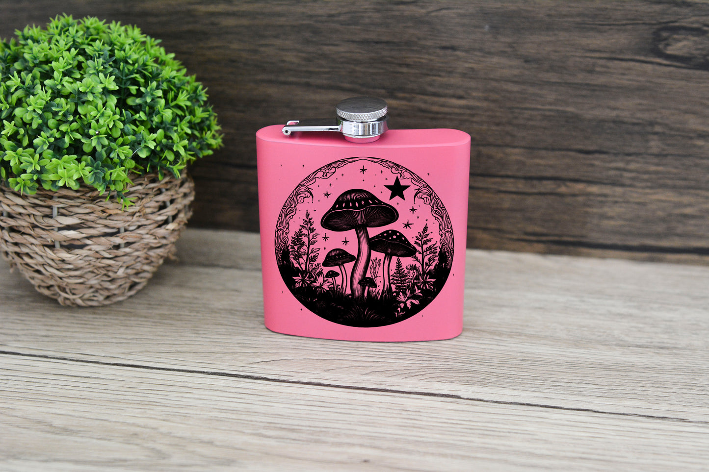Pink Mushroom Hip Flask – 6oz Stainless Steel Gift Set with Enchanted Forest Engraved Designs