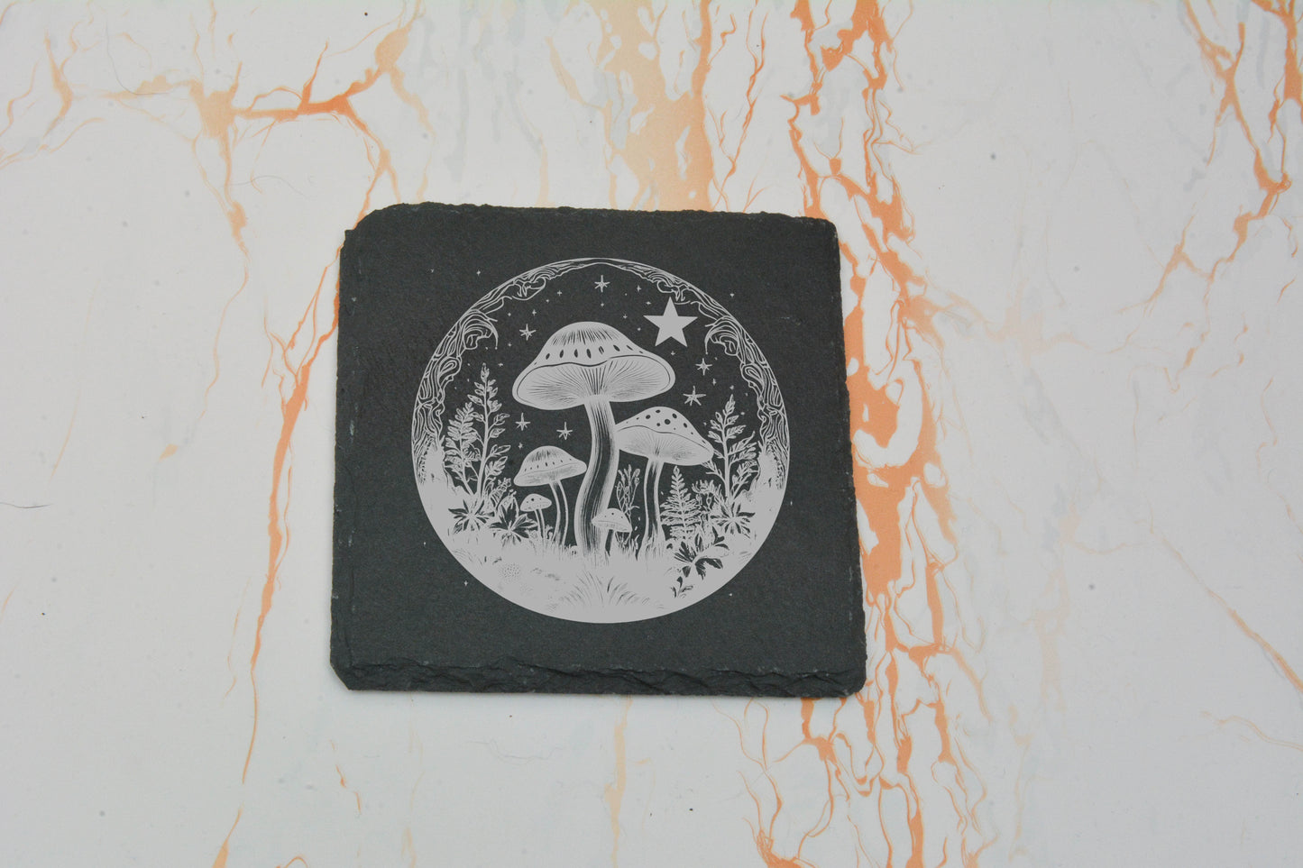 Whimsical Mushroom Slate Coaster – Engraved Natural Stone Drink Mat
