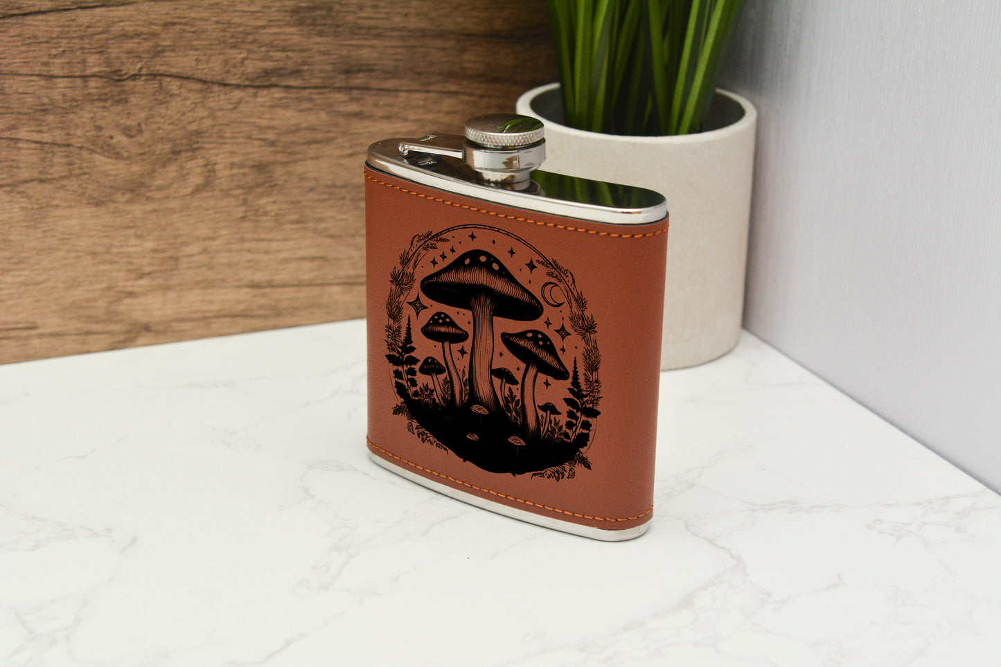 Whimsical Mushroom Hip Flask – 6oz Leatherette Wrapped Gift Set with Engraved Forest Designs
