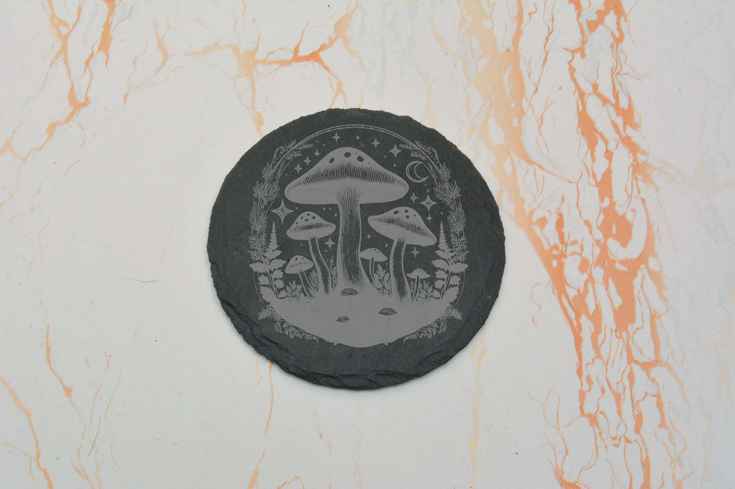 Whimsical Mushroom Slate Coaster – Engraved Natural Stone Drink Mat