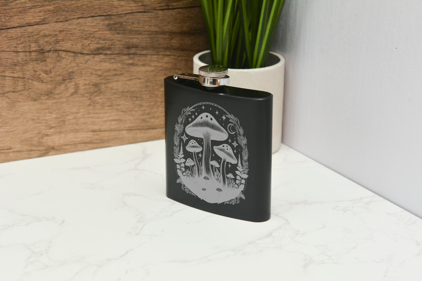 Whimsical Mushroom Hip Flask – 6oz Black Stainless Steel Engraved Gift with Satin Gift Box