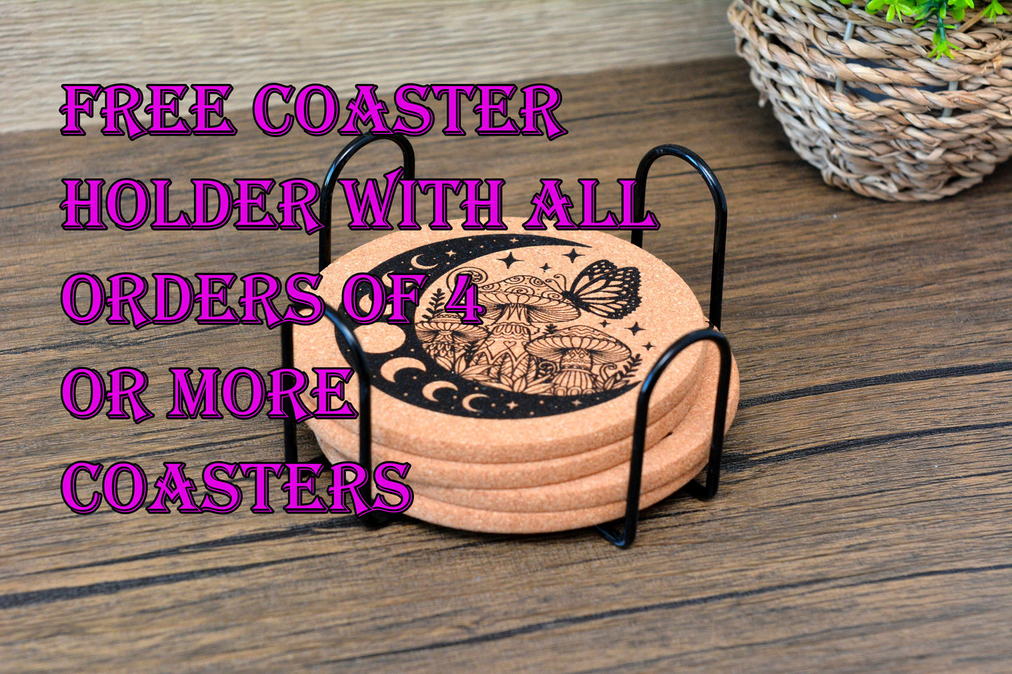 Enchanted Mushroom Cork Coaster Set – Woodland Mushroom Engraved Cork Coasters (Set of 4)