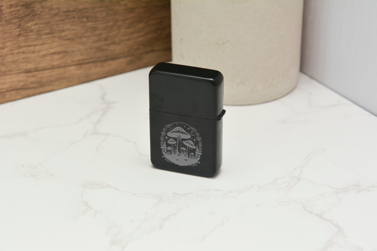 Whimsical Mushroom Flip Lighter – Black Engraved Stainless Steel with Gift Tin