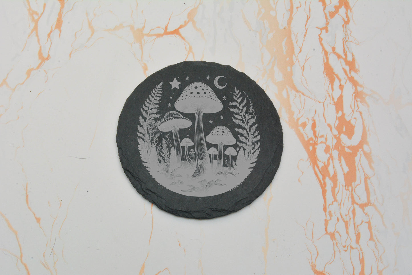 Whimsical Mushroom Slate Coaster – Engraved Natural Stone Drink Mat
