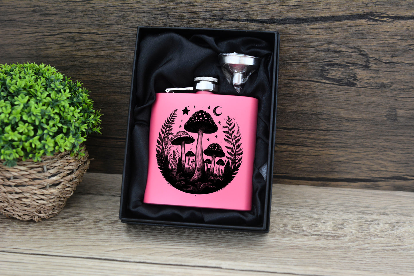 Pink Mushroom Hip Flask – 6oz Stainless Steel Gift Set with Enchanted Forest Engraved Designs