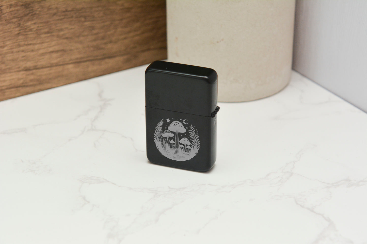 Whimsical Mushroom Flip Lighter – Black Engraved Stainless Steel with Gift Tin