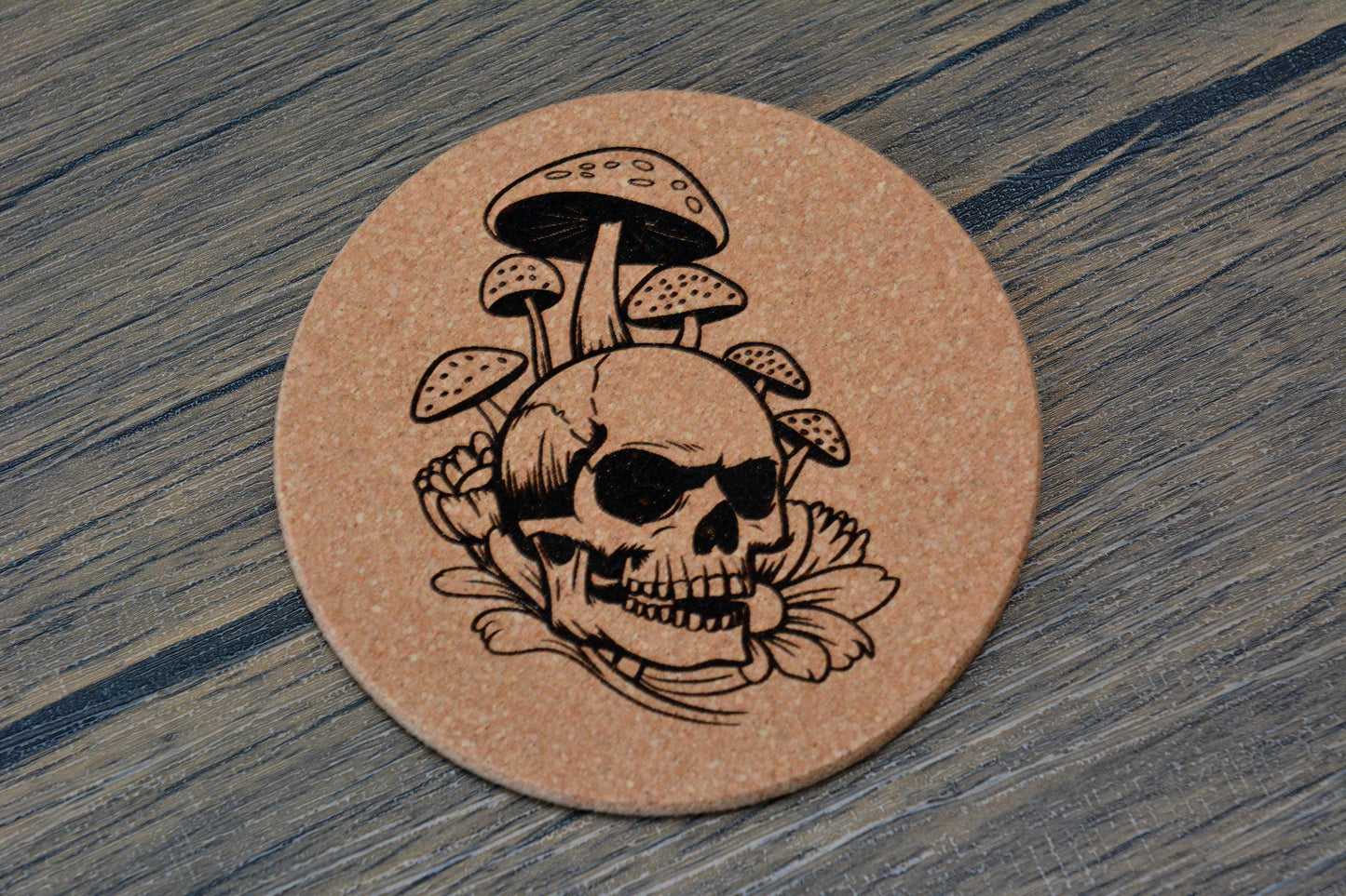 Gothic Mushroom Skull Cork Coaster Set – Engraved Woodland Skull Coasters (Set of 4)