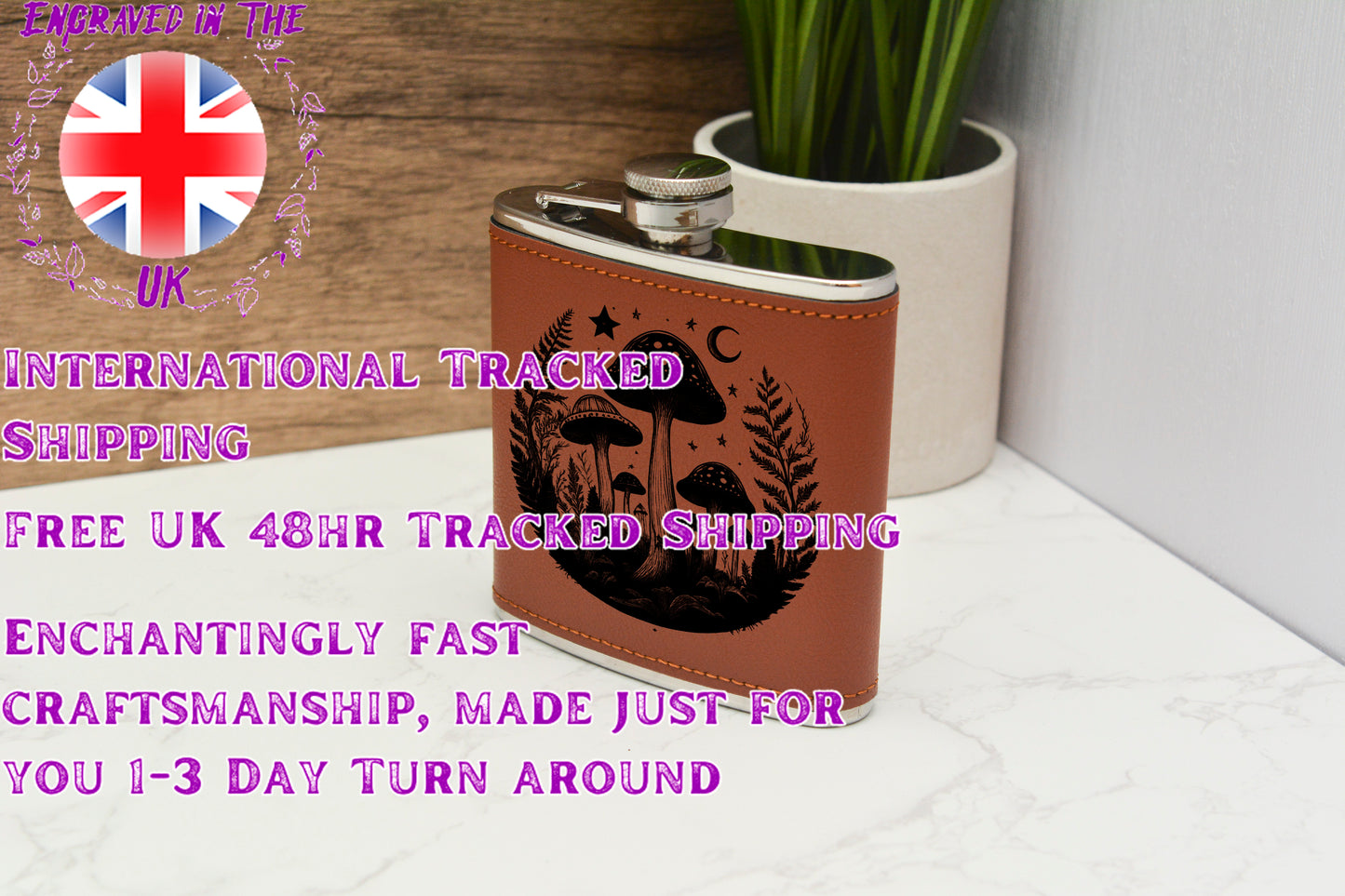 Whimsical Mushroom Hip Flask – 6oz Leatherette Wrapped Gift Set with Engraved Forest Designs