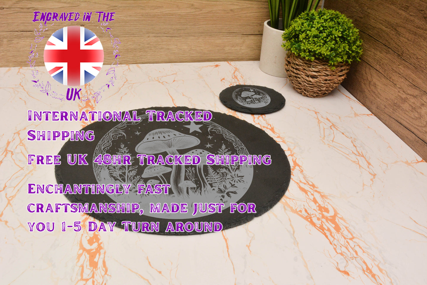 Whimsical Mushroom Slate Placemat & Coaster Set – Round Engraved Stone Dining Gift