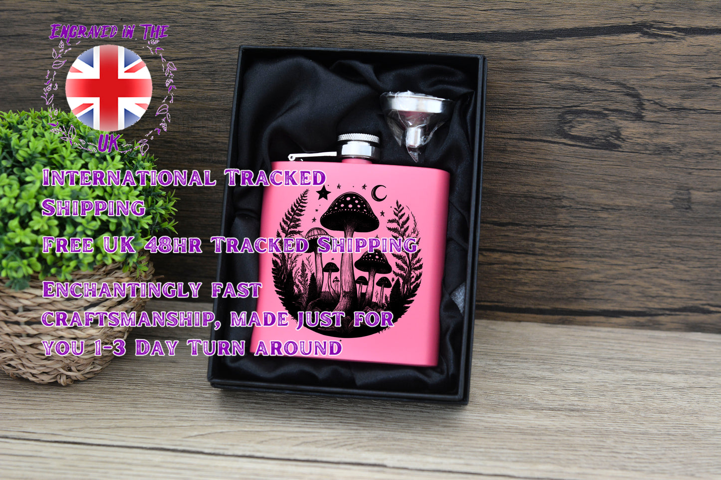 Pink Mushroom Hip Flask – 6oz Stainless Steel Gift Set with Enchanted Forest Engraved Designs