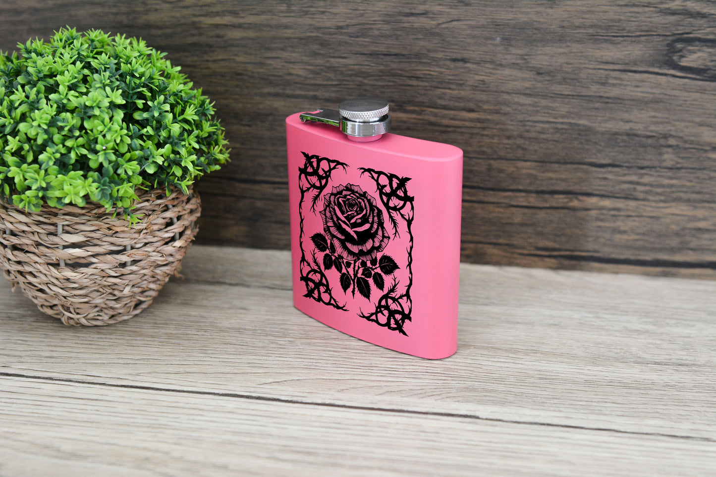 Gothic Rose Pink Hip Flask – 6oz Steel Engraved Gift (Black or Silver Finish)