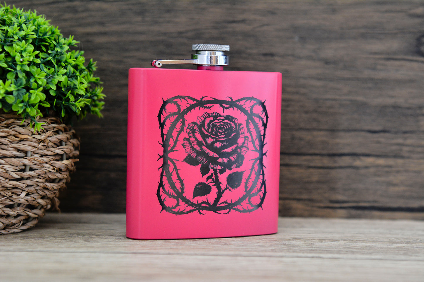 Gothic Rose Pink Hip Flask – 6oz Steel Engraved Gift (Black or Silver Finish)