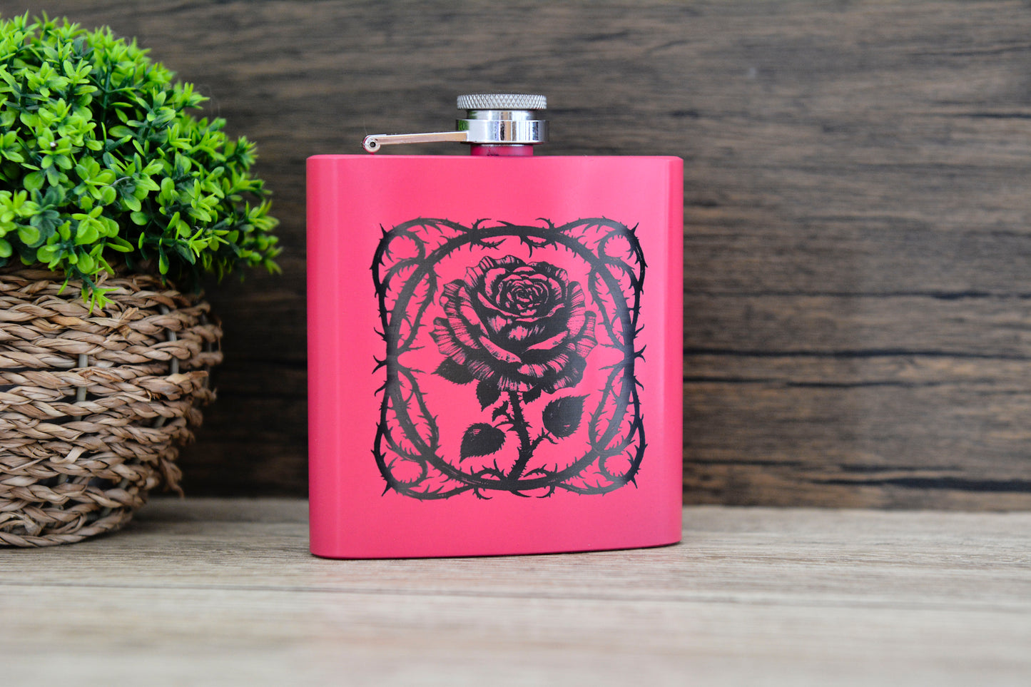 Gothic Rose Pink Hip Flask – 6oz Steel Engraved Gift (Black or Silver Finish)