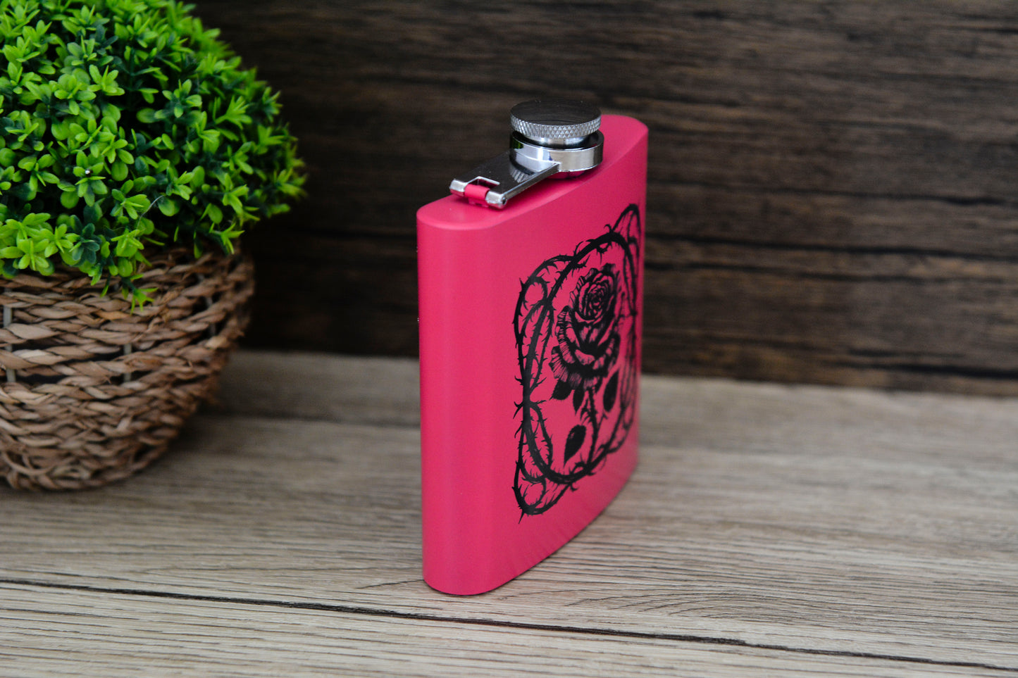 Gothic Rose Pink Hip Flask – 6oz Steel Engraved Gift (Black or Silver Finish)