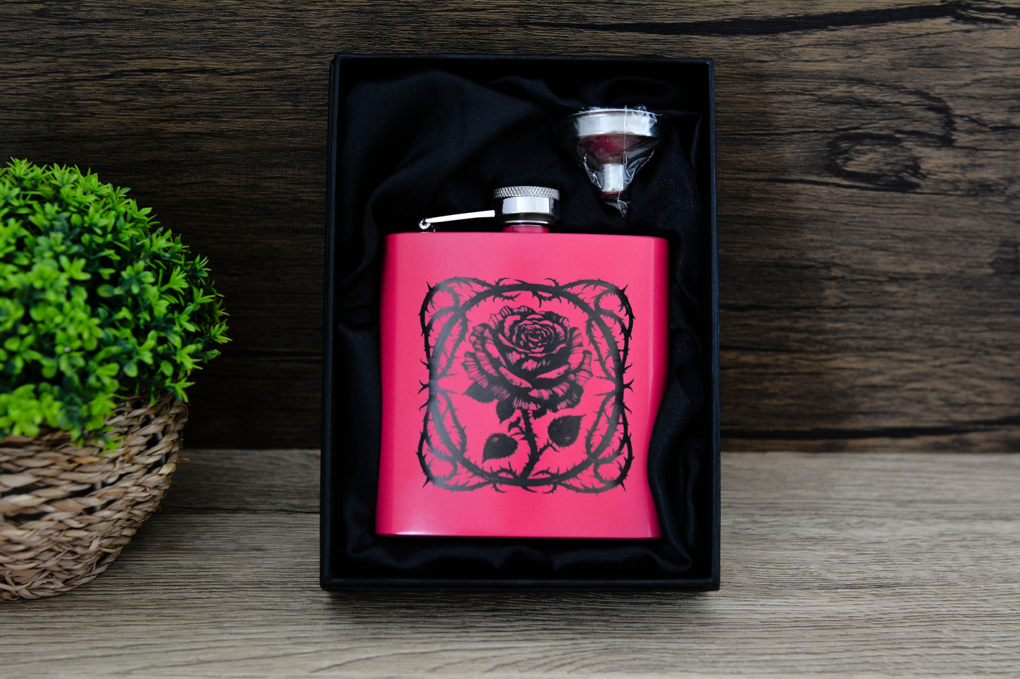 Gothic Rose Pink Hip Flask – 6oz Steel Engraved Gift (Black or Silver Finish)
