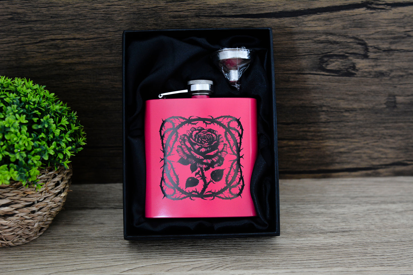 Gothic Rose Pink Hip Flask – 6oz Steel Engraved Gift (Black or Silver Finish)