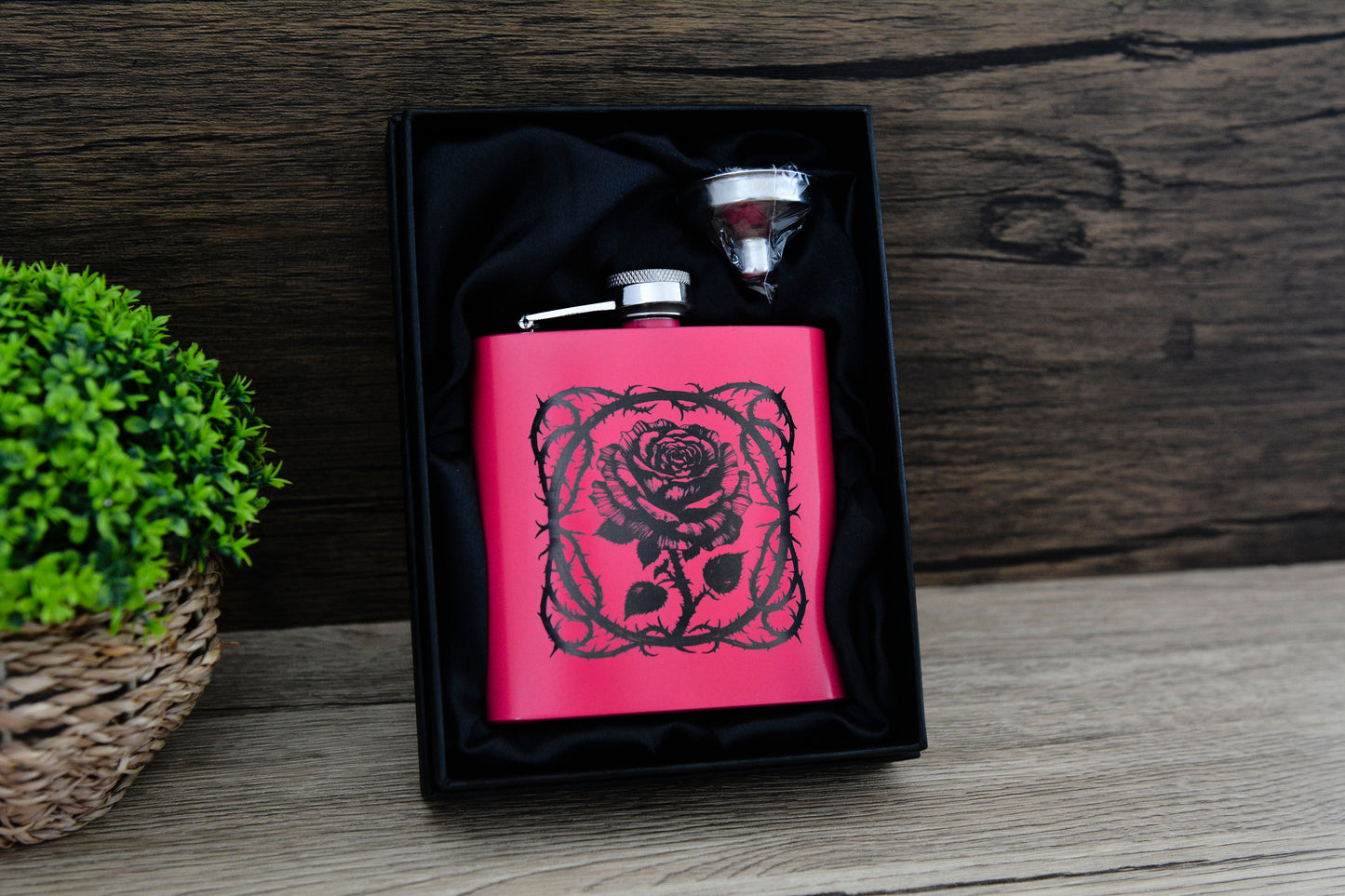 Gothic Rose Pink Hip Flask – 6oz Steel Engraved Gift (Black or Silver Finish)