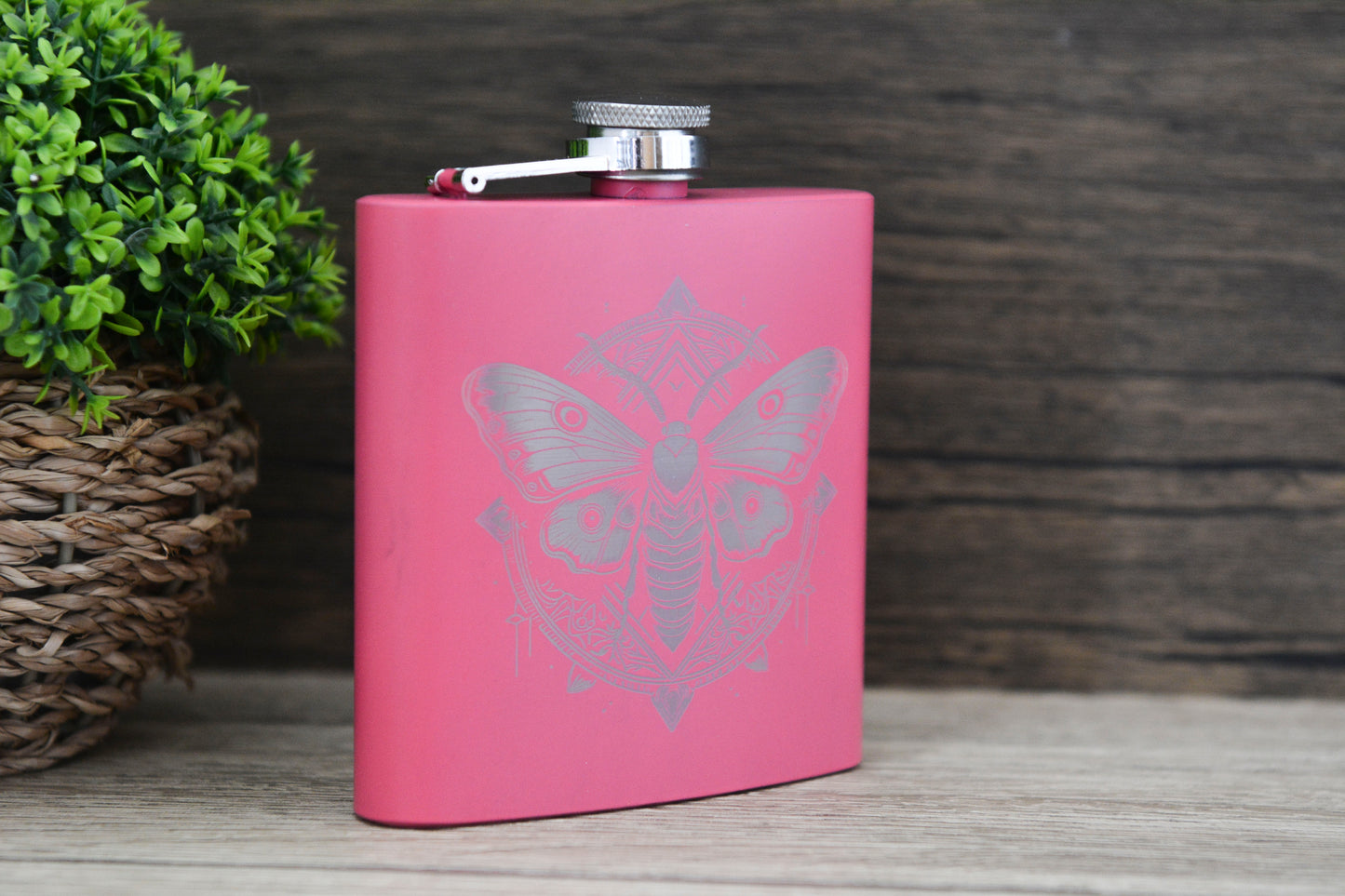 Whimsical Moth Pink Hip Flask – 6oz Steel Engraved Gift with Gift Box (Black or Silver Finish)