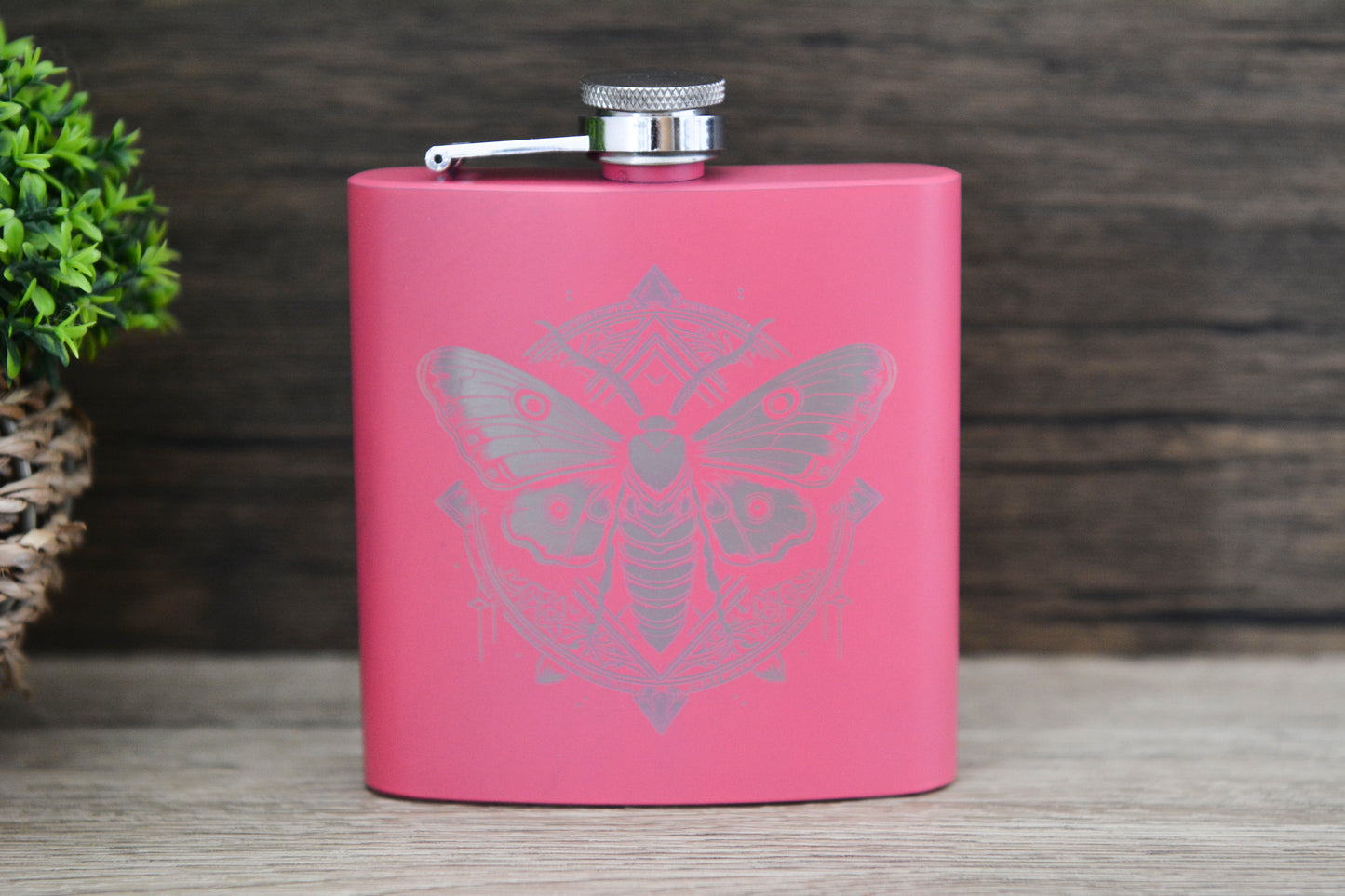 Whimsical Moth Pink Hip Flask – 6oz Steel Engraved Gift with Gift Box (Black or Silver Finish)