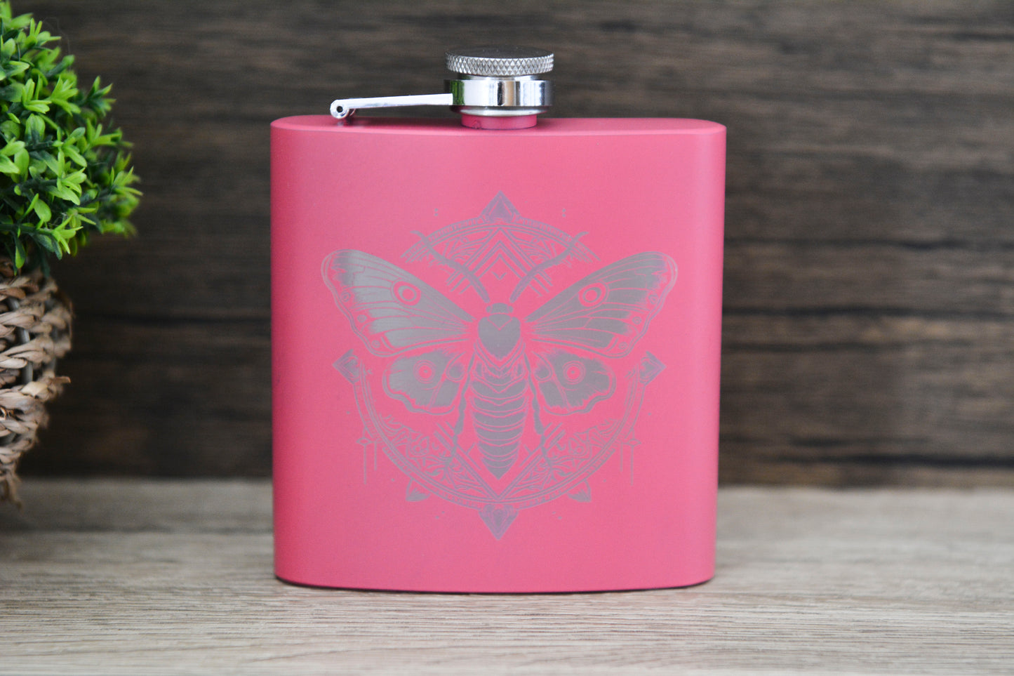 Whimsical Moth Pink Hip Flask – 6oz Steel Engraved Gift with Gift Box (Black or Silver Finish)