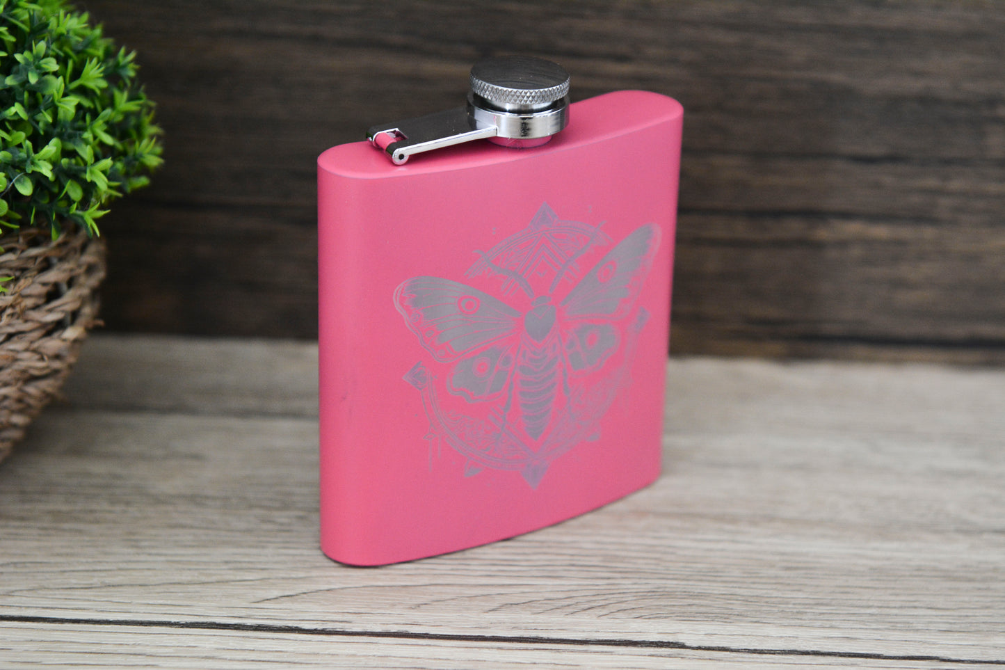 Whimsical Moth Pink Hip Flask – 6oz Steel Engraved Gift with Gift Box (Black or Silver Finish)