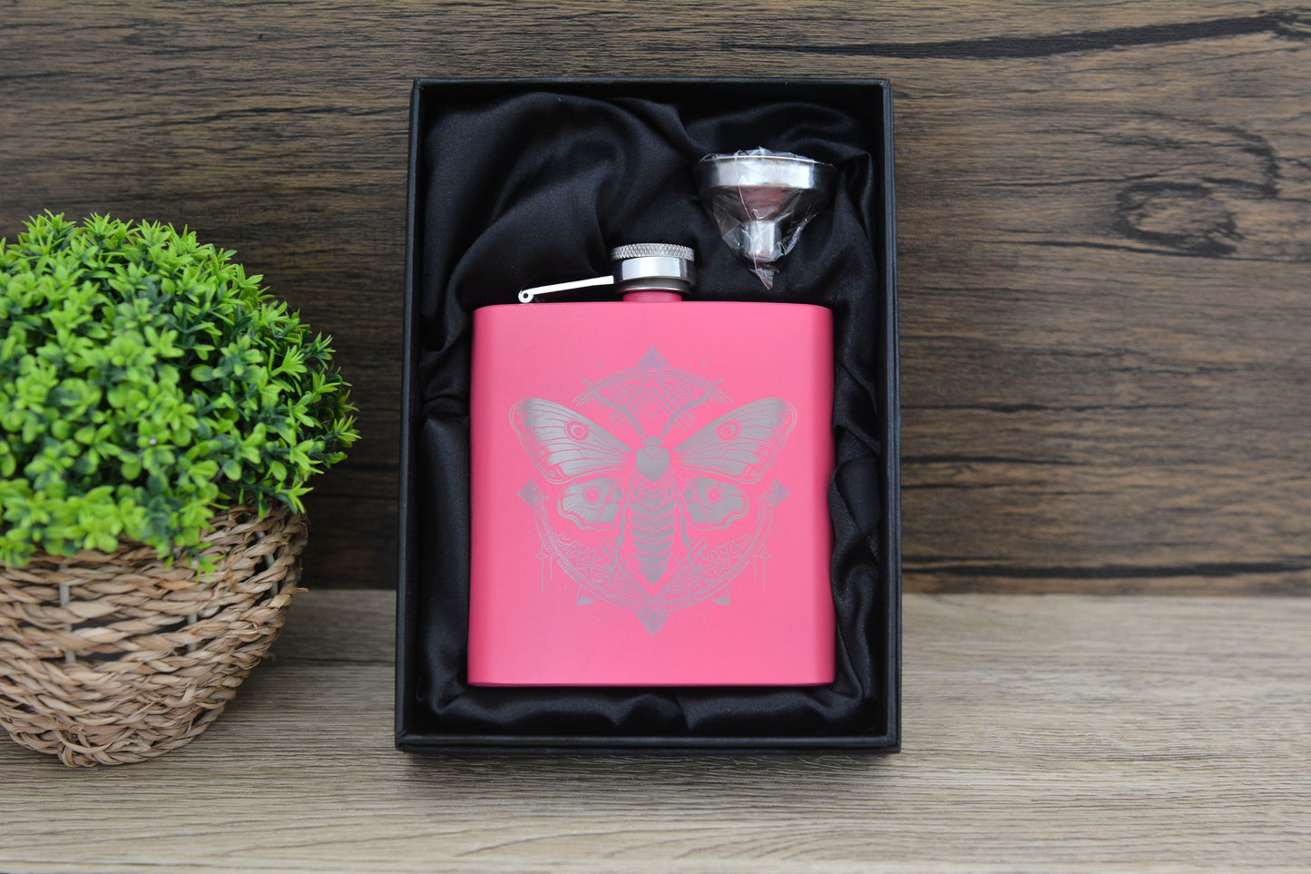 Whimsical Moth Pink Hip Flask – 6oz Steel Engraved Gift with Gift Box (Black or Silver Finish)