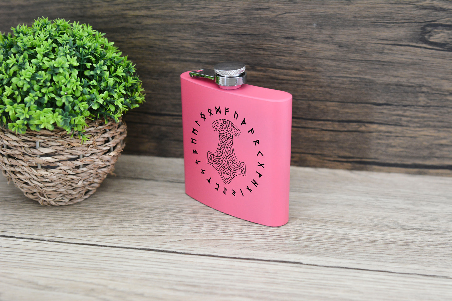 Norse Viking Pink Hip Flask – 6oz Steel Engraved Gift with Gift Box (Black or Silver Finish)