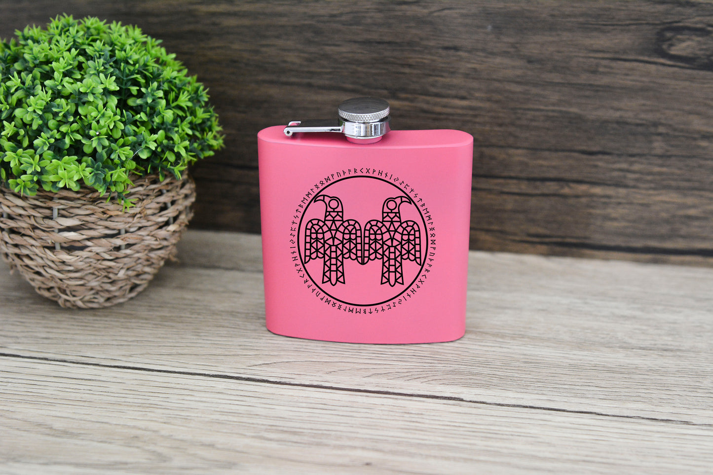 Norse Viking Pink Hip Flask – 6oz Steel Engraved Gift with Gift Box (Black or Silver Finish)
