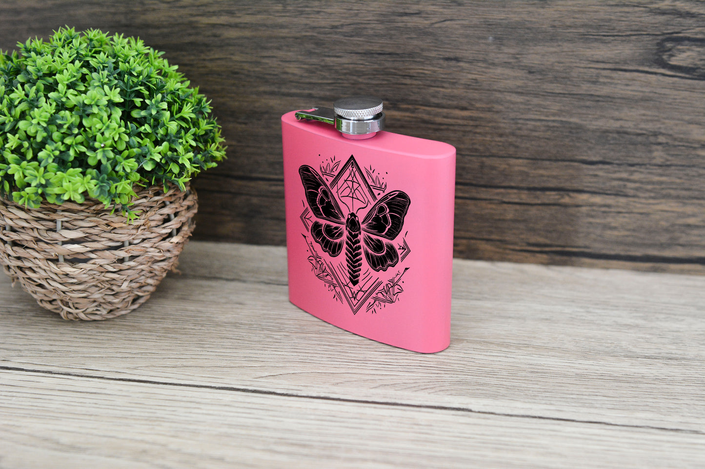 Whimsical Moth Pink Hip Flask – 6oz Steel Engraved Gift with Gift Box (Black or Silver Finish)