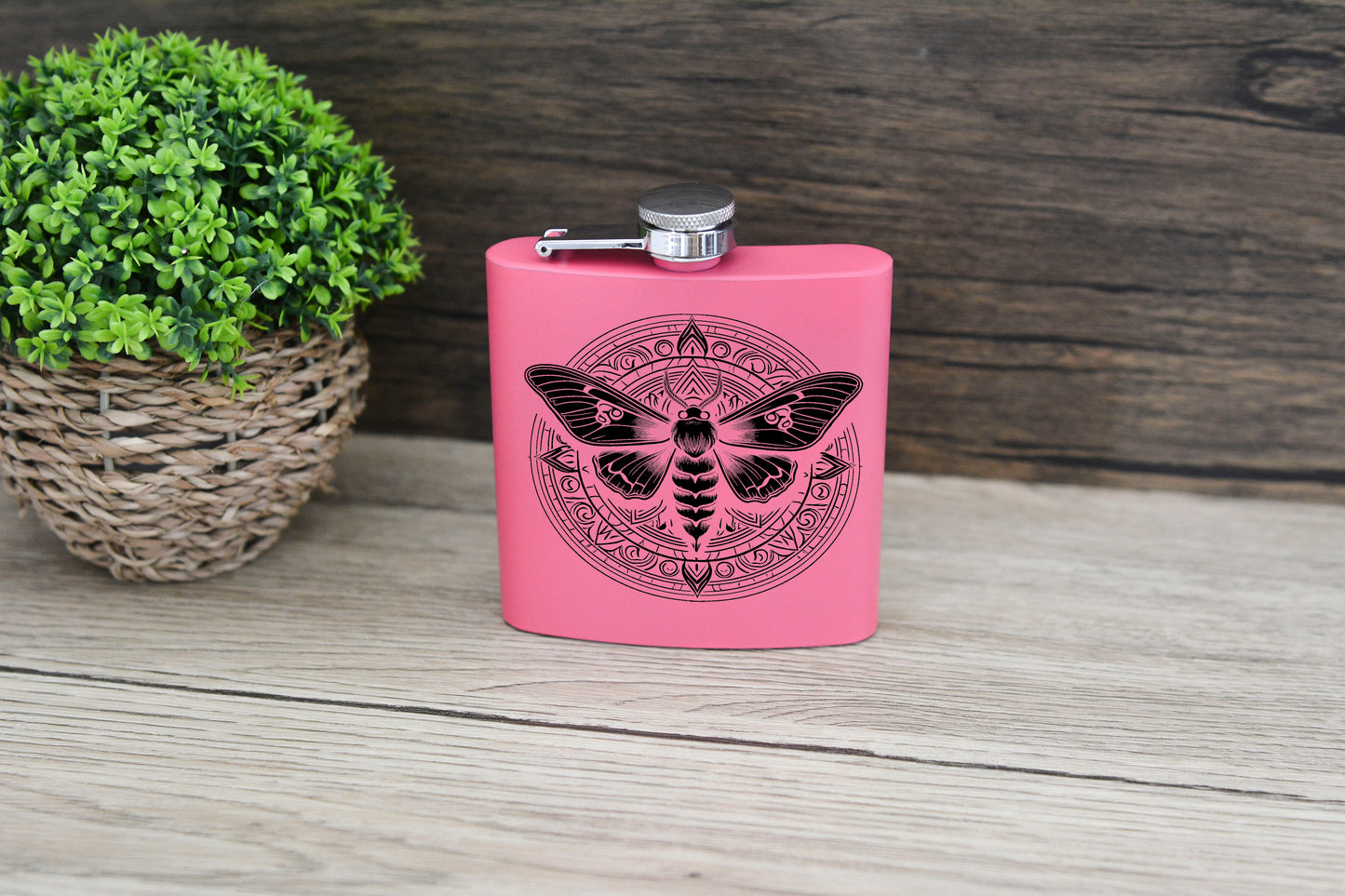 Whimsical Moth Pink Hip Flask – 6oz Steel Engraved Gift with Gift Box (Black or Silver Finish)