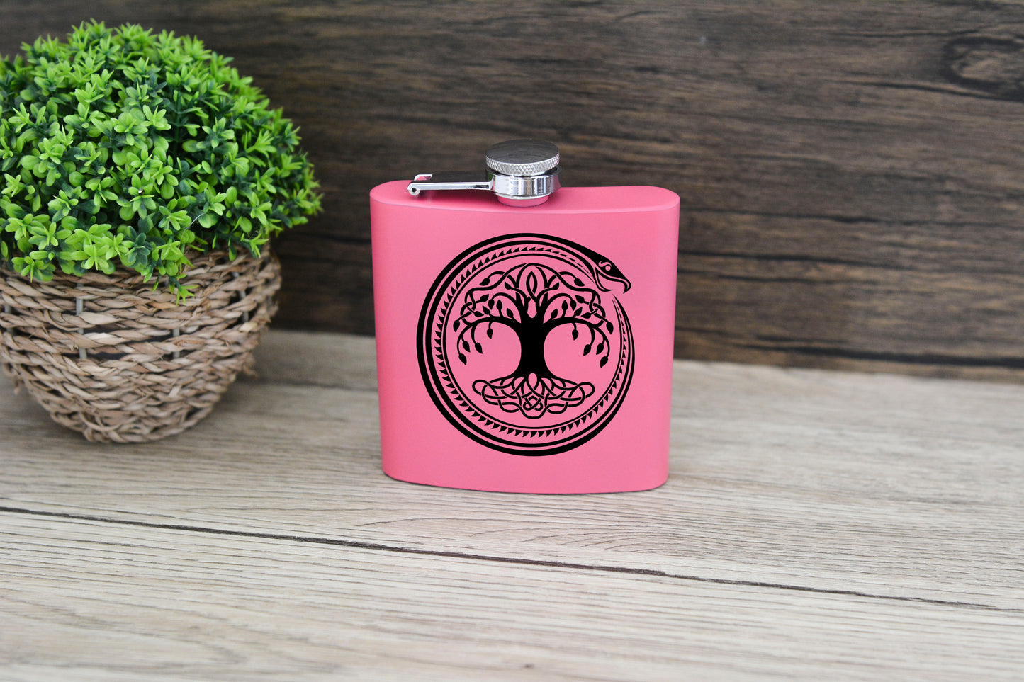 Norse Viking Pink Hip Flask – 6oz Steel Engraved Gift with Gift Box (Black or Silver Finish)