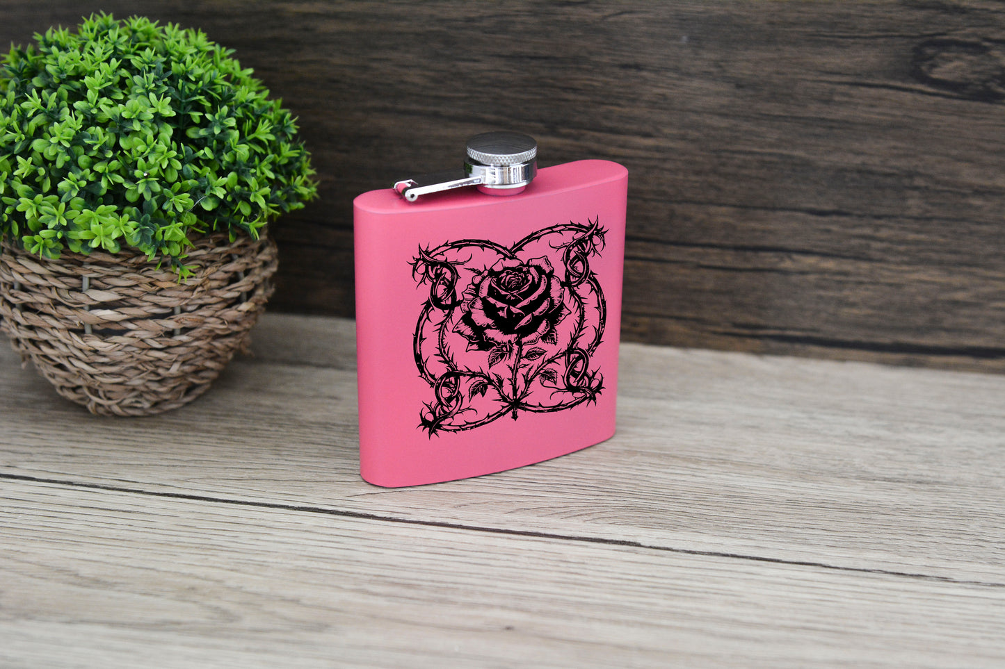 Gothic Rose Pink Hip Flask – 6oz Steel Engraved Gift (Black or Silver Finish)