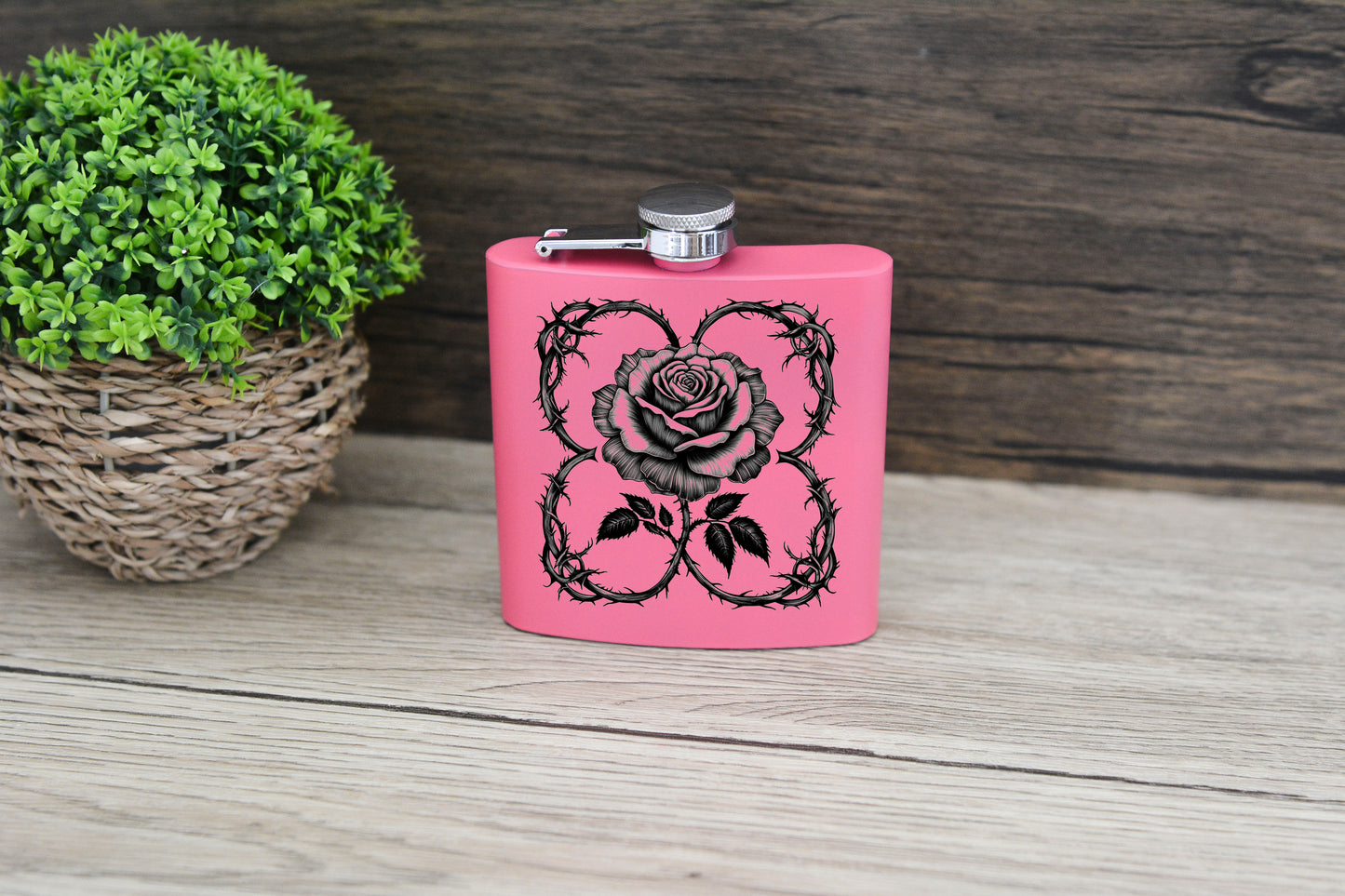 Gothic Rose Pink Hip Flask – 6oz Steel Engraved Gift (Black or Silver Finish)