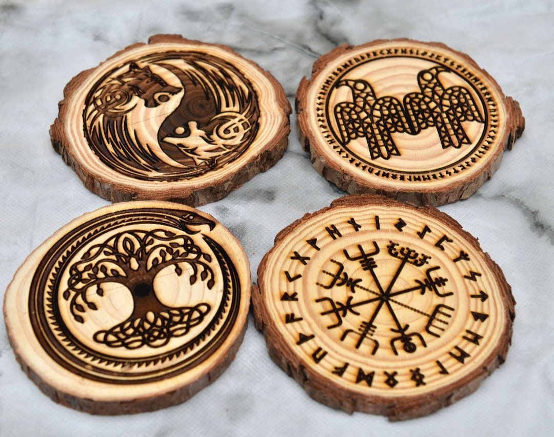 Norse Wooden Coasters – Laser Engraved Runes & Myth Symbols – A Viking Touch for Your Table