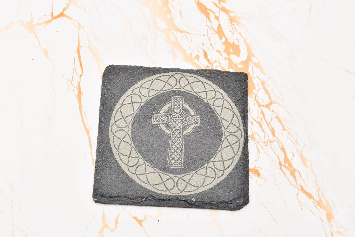 Celtic Slate Coaster – Engraved Irish Cross or Symbol for Folklore-Inspired Home Decor