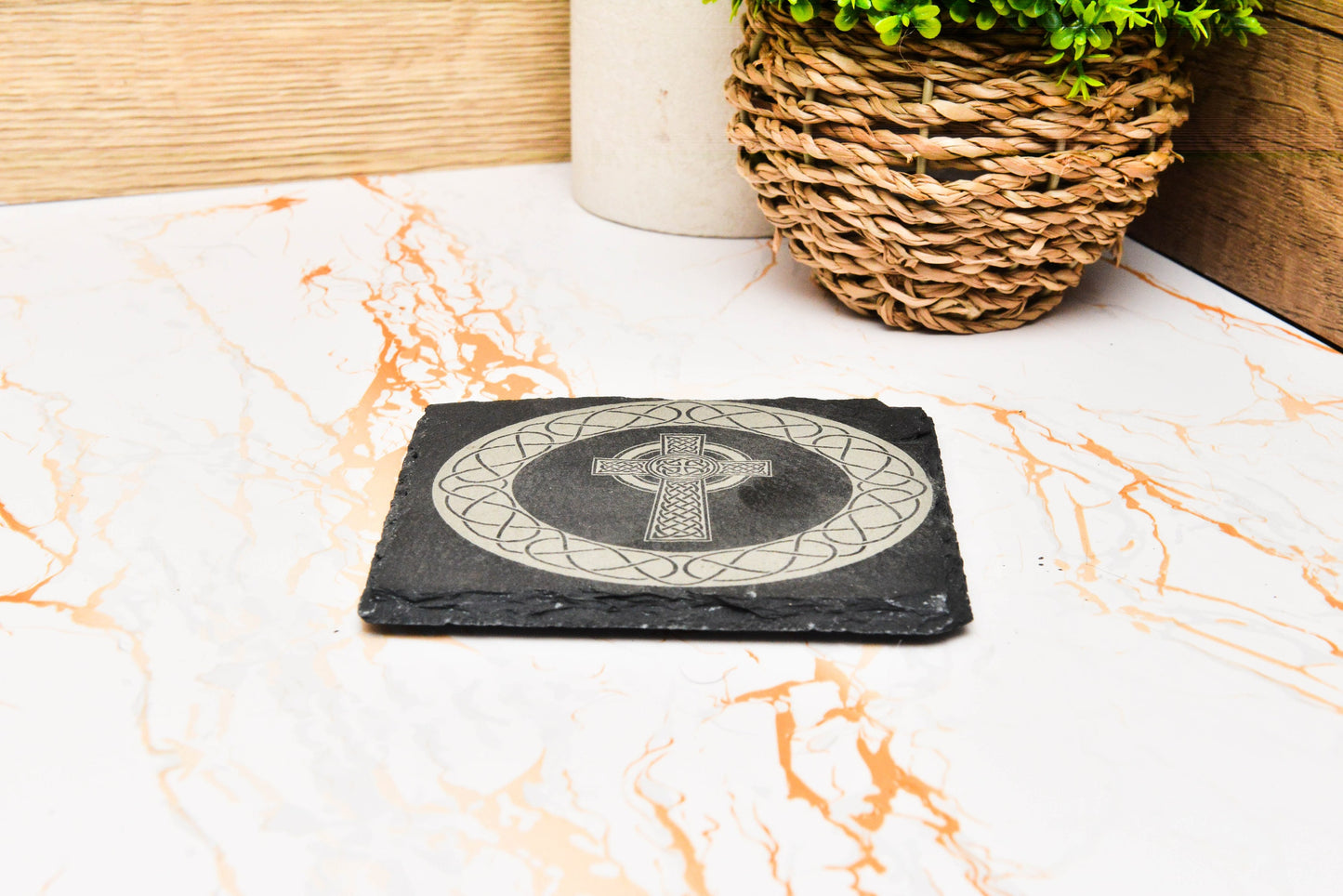 Celtic Slate Coaster – Engraved Irish Cross or Symbol for Folklore-Inspired Home Decor