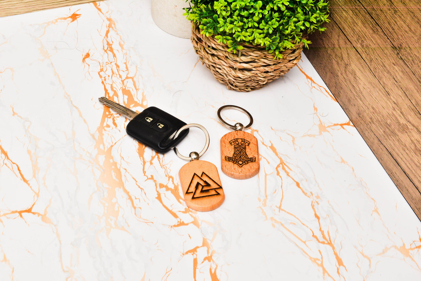 Engraved Viking Keyring – Wooden Norse Symbol Custom Keychain
