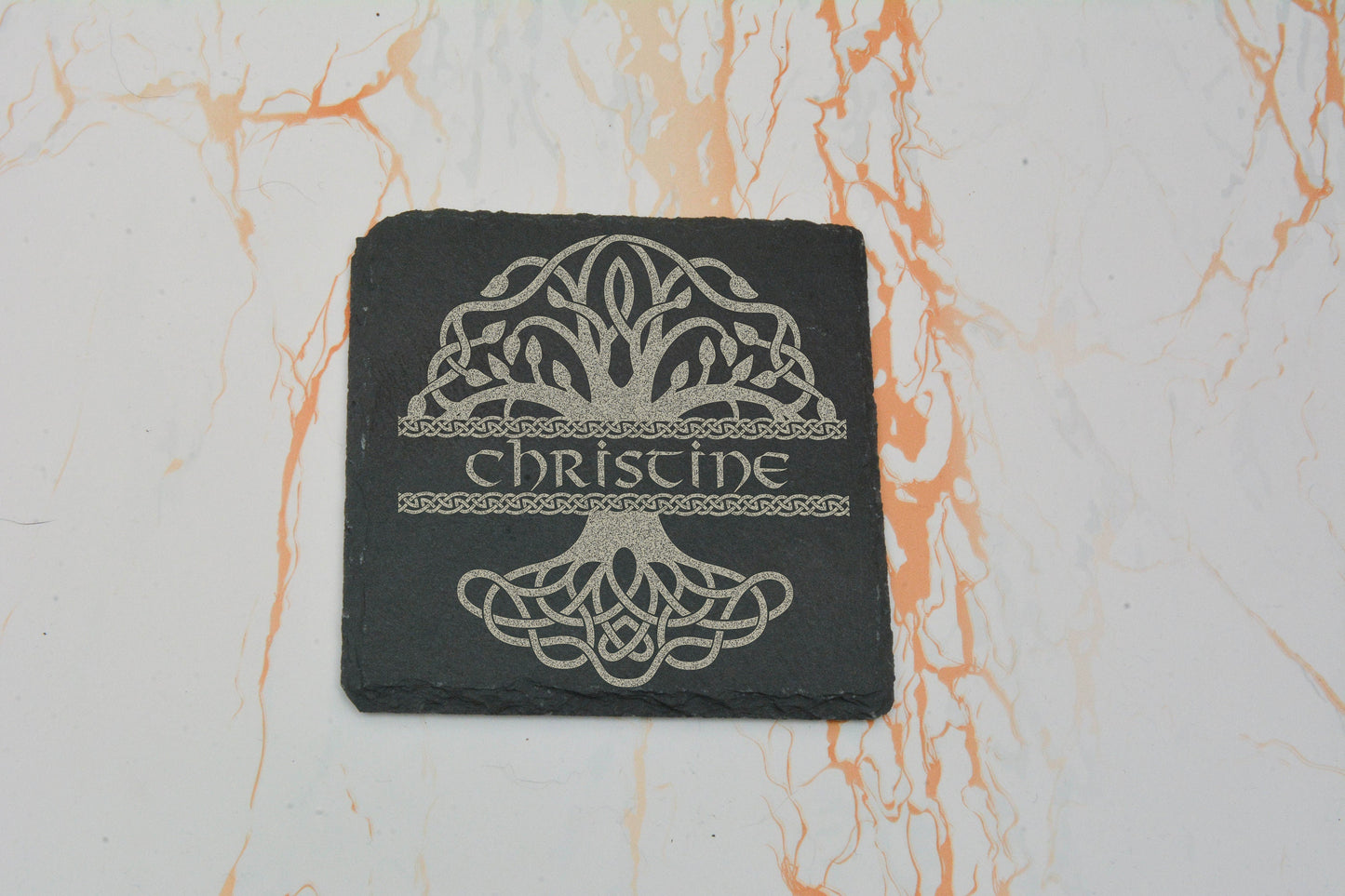 Personalised Tree of life / World Tree slate coaster perfect for viking gifts, pagan follower gift. Engraved Norse Yggdrasil custom name.