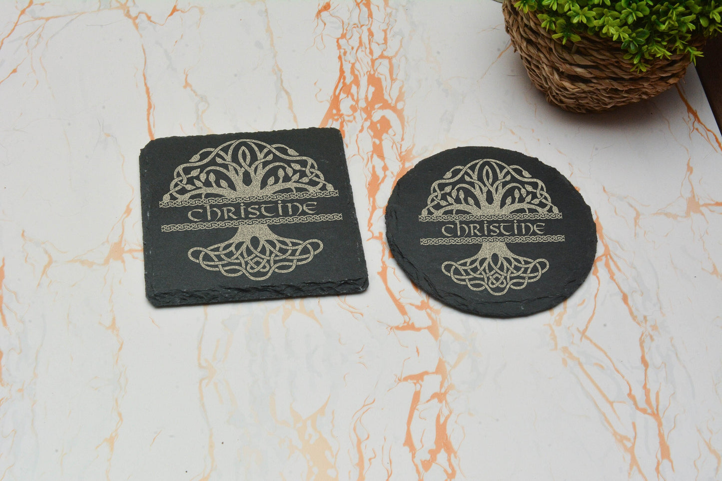 Personalised Tree of life / World Tree slate coaster perfect for viking gifts, pagan follower gift. Engraved Norse Yggdrasil custom name.
