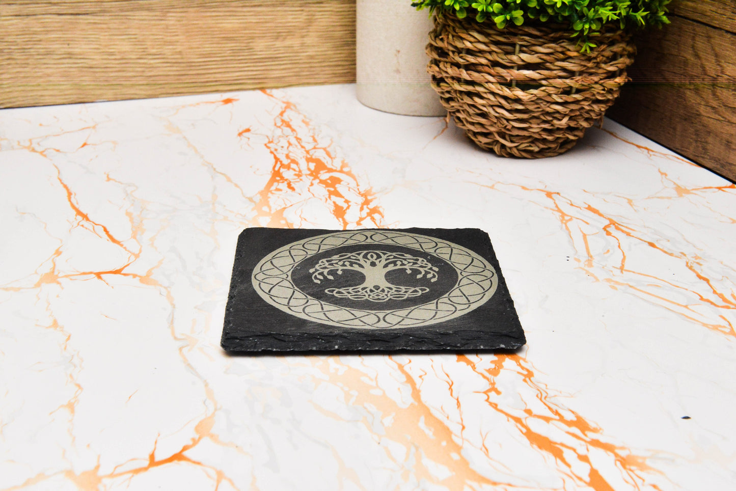 Celtic Tree of Life Slate Coaster – Engraved Stone for Pagan or Wiccan Decor