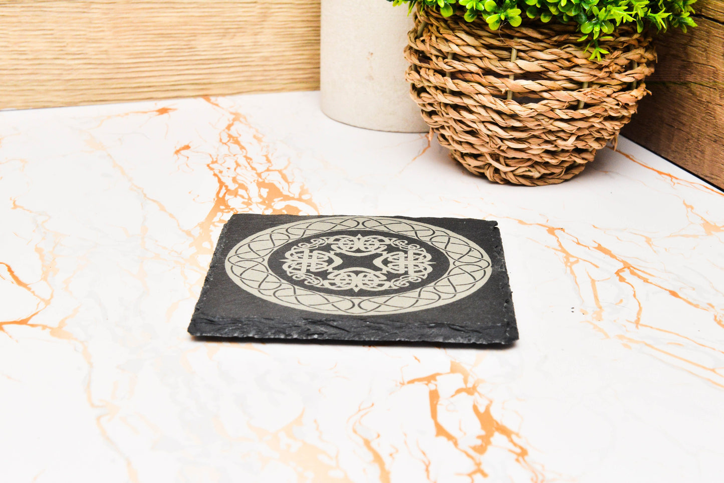 Celtic Knotwork Slate Coaster – Engraved Bar Mat for Wiccan & Pagan Decor Lovers