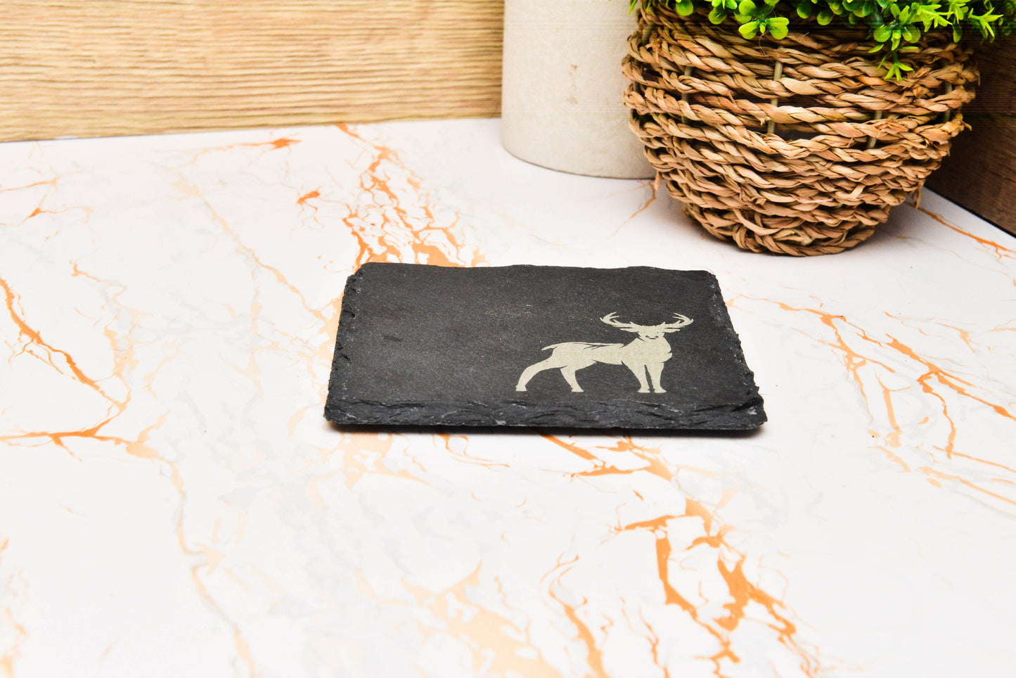 Rustic Stag Slate Coaster – Nature-Inspired Dining Decor, Log Cabin Table Mat, Deer Placemat, Lodge Style Gift for Home or Housewarming
