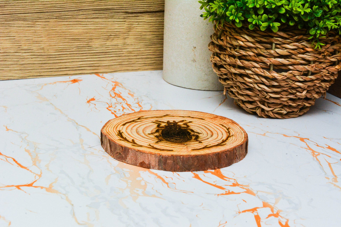 Whimsical Beetle Coaster Set – Rustic Wooden Cottagecore Decor, Personalised Insect Drink Mats, Farmhouse Nature Gift for Her or Him