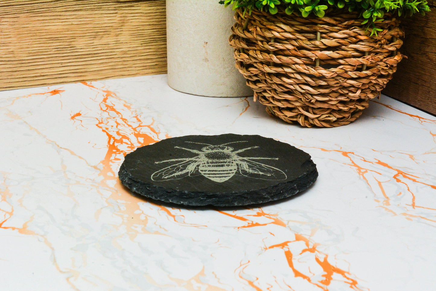 Honey Bee Slate Coaster – Rustic Honeycomb Drink Mat, Custom Cottagecore Decor, Shabby Chic Gift for Bee Lovers & Nature-Inspired Homes
