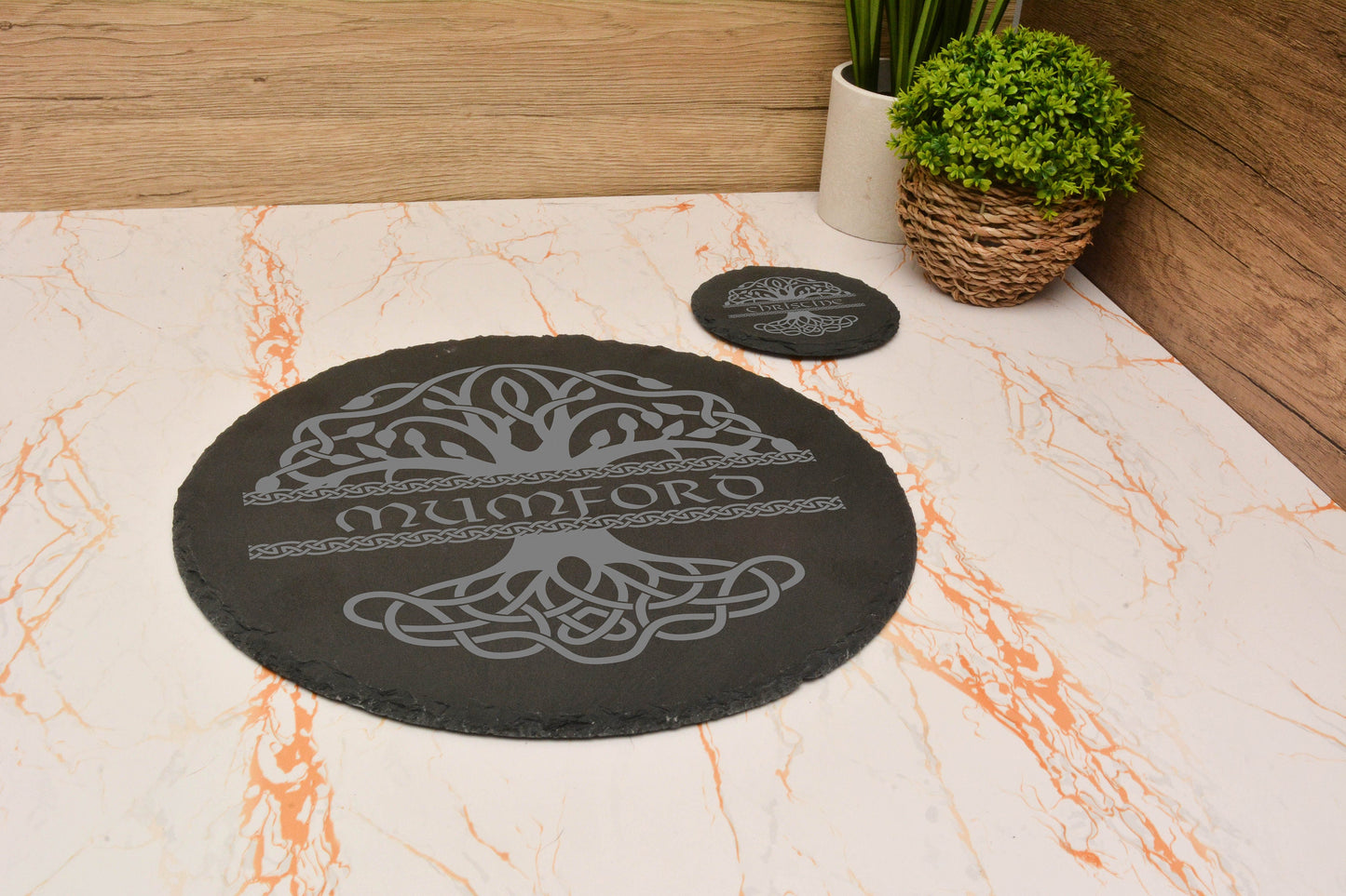 Personalised Slate Tree of life table placemat and coaster set. custom place setting. Customised Name coaster and placemat.