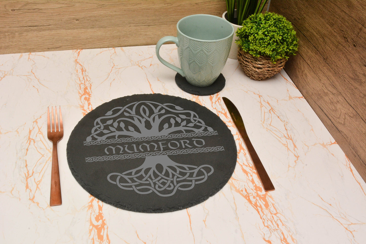 Personalised Slate Tree of life table placemat and coaster set. custom place setting. Customised Name coaster and placemat.