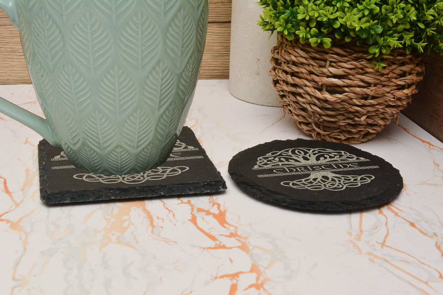 Personalised Tree of life / World Tree slate coaster perfect for viking gifts, pagan follower gift. Engraved Norse Yggdrasil custom name.