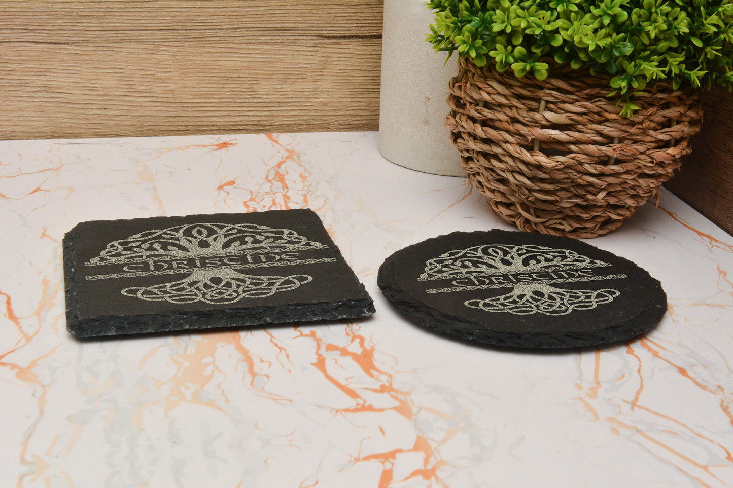 Personalised Tree of life / World Tree slate coaster perfect for viking gifts, pagan follower gift. Engraved Norse Yggdrasil custom name.